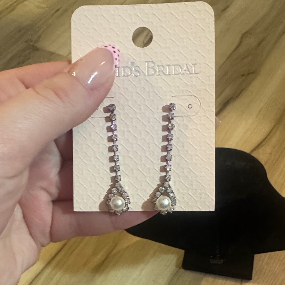 David's Bridal Silver and Pearl Dangle Earrings